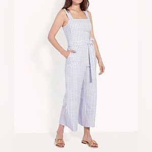 Japna Jumpsuit Baby Blue Picnic Plaid with Smocking Size S​​​​​​​​​​​​​​